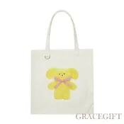 【Grace Gift】Wasabi Bear-黃芥末熊立體蝴蝶結印花日常帆布包 黃