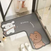 昕購商鋪 48H出貨可愛小動物硅藻泥L型地墊廚房浴室吸水速干拐角墊耐臟易打理腳墊