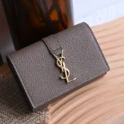 YSL Saint Laurent 金屬LOGO牛皮三折式六孔卡片鑰匙包(灰褐)