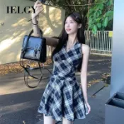 IELGY 黑白格子v領掛脖抽繩洋裝女收腰顯瘦A字短裙