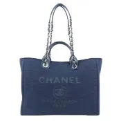 【CHANEL 香奈兒】Deauville GM 編織標誌大款沙灘包/購物包_展示品(深藍色)