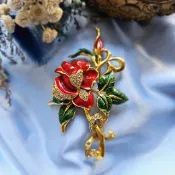 coro大紅琺瑯綠葉薔薇花胸針/別針/美國西洋古董飾品