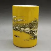 現貨✨滿300出貨 居仁堂款黃釉粉彩雪景筆筒古玩瓷器仿古古董文房擺件收藏