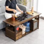 港灣小站 【實木泡茶車】移動茶桌 小茶臺 邊櫃 矮茶几 茶水櫃 燒水壺一體 家用客廳 儲物收納 帶輪子 簡約日式 泡茶神器