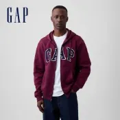 【GAP】寬鬆Gap Logo拉鍊連帽外套-深酒紅(911587)