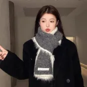 【氛圍感韓版時尚】含羊毛 拼色 雙邊 針織圍巾 女 秋冬季 學生 保暖 毛線圍脖 針織圍脖 羊毛圍巾 雙色圍巾 保暖圍巾