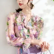 【LANNI 藍尼】現+預 花色圖騰公主袖雪紡衫(休閒/通勤/女裝/上衣/長袖)