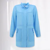 ILEY伊蕾 輕薄荷葉領造型大口袋抽繩長版拉鍊外套(藍色；M-XL)1231014015