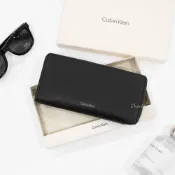 (店+)【CALVIN KLEIN】【Sharkhead】現貨 Calvin Klein 長夾 荔枝紋 皮革 黑色 全黑 錢包 Logo 拉鍊 鈔票夾 銀標