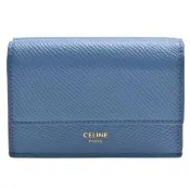【CELINE】經典燙金品牌LOGO小牛皮暗釦三折短夾(天藍色10E603BEL.07ZA)