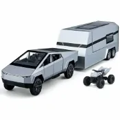 拾光藏寶閣 【合金回力聲光】特斯拉皮卡 拖掛房車 模型車 合金模型 回力車 聲光車 車門可開 玩具擺件 收藏展示 1:32比例 精緻細節 兒童玩具