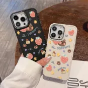 可愛草莓蛋糕小熊 iPhone17/16/14Pro手機殼 蘋果13/12/11promax金屬相框軟殼全包邊防摔保護套