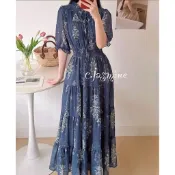 （Love baby 韓系女裝 )現貨顯瘦 古典復古風青花瓷碎花蛋糕長洋裝001