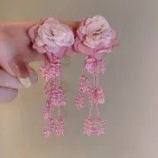💕姐姐飾品小屋💕 銀針夏日新款浮誇重工造型設計手作紗花串珠亮片長款流蘇耳環渡假款
