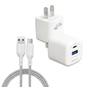 (店+)【WELLY】氮化鎵GaN 20W雙輸出迷你充電器+USB to Type-C 耐拉編織充電線(100CM)