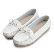 【FUFA Shoes 富發牌】皮質細線蝴蝶結豆豆鞋-白 1DR25(女鞋/女懶人鞋/莫卡辛鞋/包鞋)