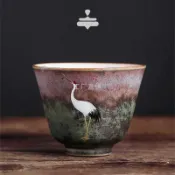 全球選品1館 生活百貨 瑞鶴呈祥仙鶴茶杯手工粗陶窯變色復古品茗杯個人主人杯單杯聞香杯