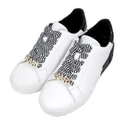 Karl Lagerfeld 卡爾老佛爺MELORA系列KARL LOGO黑白條紋寬鞋帶皮革休閒鞋(白色)