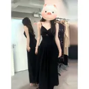 高級感💃純欲鏤空v領露背吊帶連身裙女海邊度假辣妹性感開叉收腰A字長裙子 洋裝 連身裙 露背裙 吊帶裙