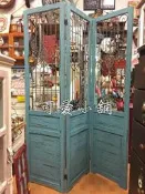 台中　☆可愛小舖傢俱家飾精品館☆美式復古工業風loft鄉村風鐵藝木製藍色3片仿舊雕花屏風玄關隔間營業店面居家入厝民宿佈置