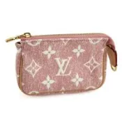 九成新！LV 白色字紋粉紅丹寧布料鑰匙圈零錢迷你小包