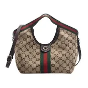 【GUCCI 古馳】經典Giglio系列 GG Monogram帆布手提托特包/肩背包(米棕色)