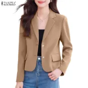 ZANZEA 女式韓版職場商務OL翻領原木袖單排扣合身純色西裝外套