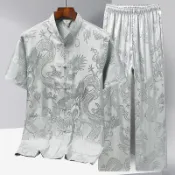 ✨免運可開發票#太極服 套裝 打坐 中式 宮廟 武術服 練功 站樁功夫裝唐裝男冰絲短袖襯衫套裝中老年人新中式漢服爸爸爺爺