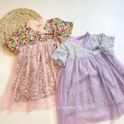 女童韓服風造型碎花網紗傘擺洋裝 女童短袖連身裙 韓系女童洋裝 古裝風兒童洋裝