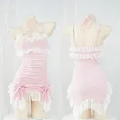 EFP大美人-2023新品❤性感晴去網紅女神針織值波網紅流量剝臀抽哲提拉蕾絲裙擺吊帶睡衣連身裙-粉S-XL路添是級