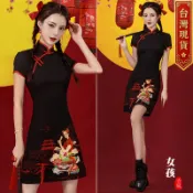現貨隔日到貨｜改良式短旗袍洋裝中國風年輕款潮流印花日常可穿性感修身顯瘦前開衩A字裙擺連身裙｜派對名媛 水水女人國