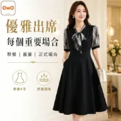 (店+)洋裝女生中长連身裙黑色短袖棉麻大尺碼休閒顯瘦收腰時尚V領夏天涼感運動修身媽媽直筒晚宴會婚宴優雅氣質寬鬆韓版洋裝小禮服裙子 女裝上衣