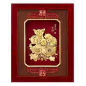 開運陶源 雅鑑鑫品 【富足吉祥】 金豬 葫蘆 純金箔畫 26 x33 cm~可掛於牆壁，後有腳架，也可以立在桌上