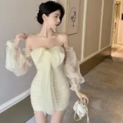 女裝服飾 洋裝 短裙 包臀裙 長袖 一字領 2024夏季韓版網紗露背氣質收腰蝴蝶結