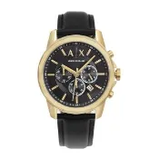 【A|X Armani Exchange】金框 黑面 三眼計時 黑色皮革 手錶 男錶 42mm 情人節(AX7133)