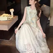 【桃喜Rich女裝】新中式國風套裝 錦繡山河娃娃領馬甲上衣+米白色半身裙 網紗長裙 藍色無袖上衣 名媛洋裝 宴會洋裝