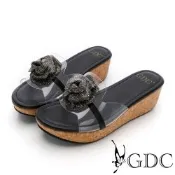 GDC-迷人薔薇花楔型涼拖鞋-黑