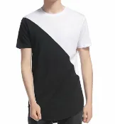 FINDSENSE服飾 FINDSENSE MD 時尚 男 歐美 長款 圓下擺不規則撞色 大碼 休閒 短袖T恤 特色短T