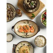 (店+)拾光良品 竹葉陶瓷碗盤子組合餐具家用復古日式窯變釉個性創意面碗湯碗