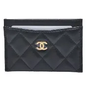 【CHANEL 香奈兒】經典菱格小羊皮雙C LOGO金釦信用卡套/卡夾(黑AP0213L-BLK-GP)