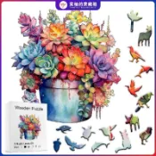 🚚臺灣出貨🚚【創意DIY拼圖】木質異形拼圖多肉花瓶木製不規則拼圖高品質高難度兒童創意玩具
