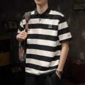 鴻運通商行 美式黑白條紋短袖T恤POLO衫男士2025翻領寬松男裝夏季體恤潮
