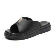【LOVE FOOT 樂芙】真皮拖鞋 厚底拖鞋 魚口拖鞋/真皮魚口露趾優雅珍珠飾件厚底拖鞋(黑)