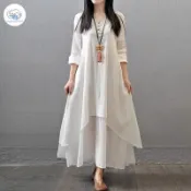 可愛家 2025春秋新款假兩件長裙藝文大擺亞麻洋裝寬鬆長袖棉麻裙