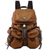PRADA Re-Nylon 經典三角LOGO輕量尼龍翻蓋束口雙肩後背包(咖啡)