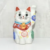 (店+)日本製 九谷燒 白盛花 招財貓  職人手作 10.2cm uc516