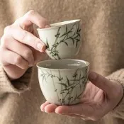 臺灣現貨翠綠文竹水缸杯主人杯大號陶瓷喝中式功夫品茗杯單杯