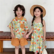 台灣現貨INS夏款韓版男女童短袖色塊度假風幾何沙灘洋裝 兩件式套裝渡假系列拼接撞色兩件式套裝姐妹裝姊妹裝 兄妹裝 姐弟裝