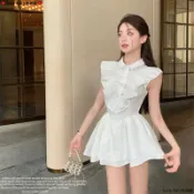 💖台灣出貨💖小飛袖洋裝 渡假洋裝 無袖連身短裙 純欲風甜辣妹小飛袖荷叶邊襯衫連衣裙夏季新款小眾收腰顯瘦短裙子