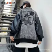 【Ashley】棒球外套男飛行外套春秋美式複古麂皮絨拚接PU皮衣外套男女oversize百搭棒球服夾剋潮 POKO